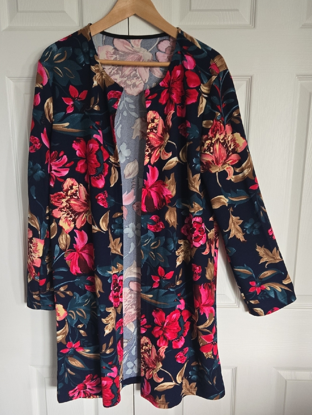 Floral Open Front Cardigan - Navy with Pink & Gold Flowers